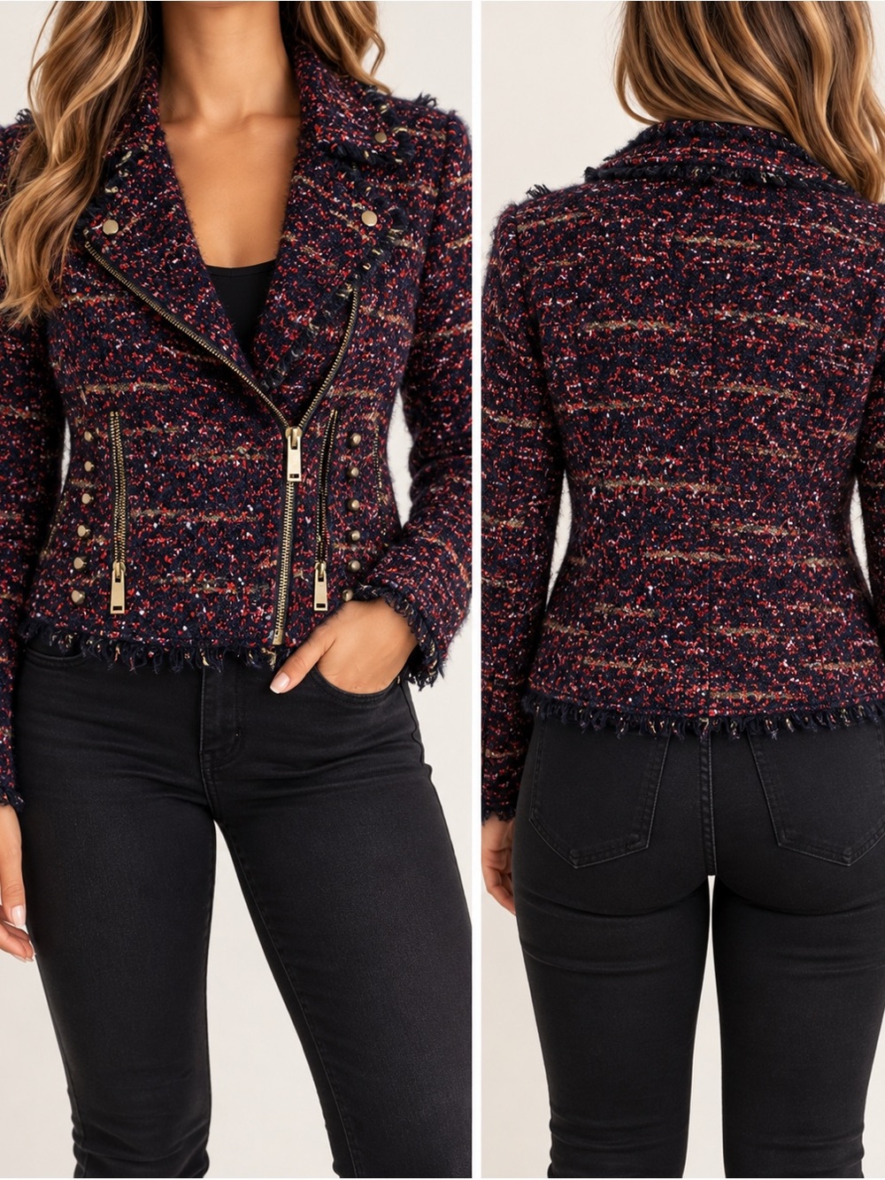 Zara Trafaluc Multicolor Tweed Bouclé Moto Biker Jacket Size M